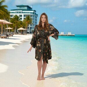 Luxury Batik Silk Blend Floral Kimono Robe Women’s Wrap Robe One Size NIB